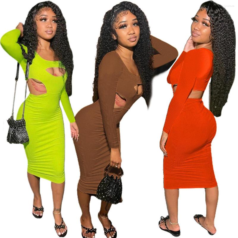 

Casual Dresses Elegant Solid Dress For Women Sexy Hollow Out O Neck Long Sleeve Bodycon Evening Club Party Robe Femme Fall Clothes, Green dress