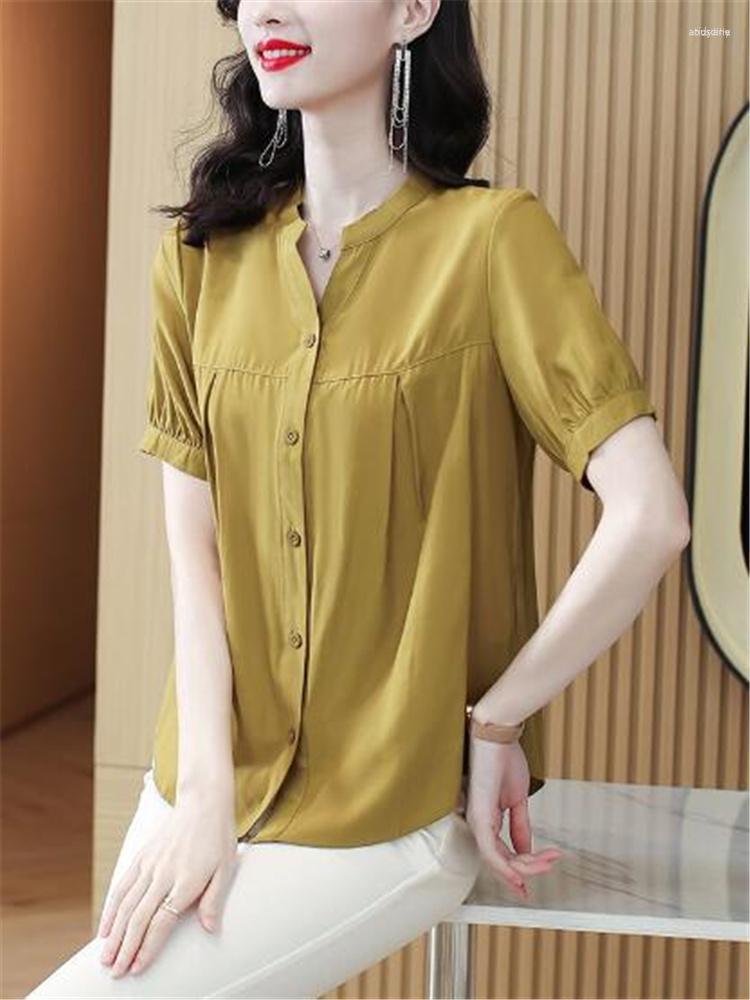 

Women's Blouses Women's Silk V-Neck Women Cardigan Shirt Short Sleeve Top For Solid Color Stitching Summer Clothes OL Female Pleated, Army green