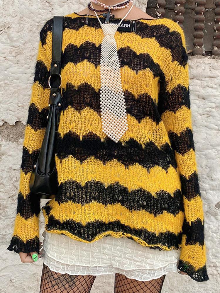 

Women' Sweaters SEASONS Y2K Holes Contrast Color Jumper Loose Striped Full Sleeves Women Autumn Aesthetic Knitwear Clothes ASSW85424, Yellow