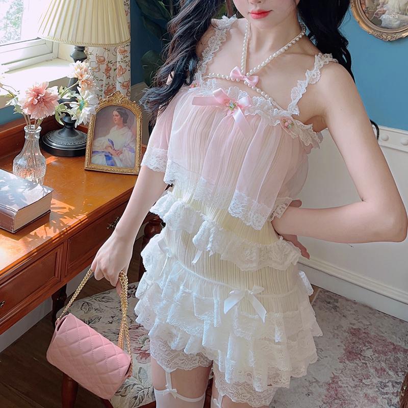 

Women's Tanks Cute Lace Trim Knitted Tops Women Summer Pink Bow Decoration Mesh Patchwork Cropped For Sweet Girls Lolita Style Kawaii, White bow necklace