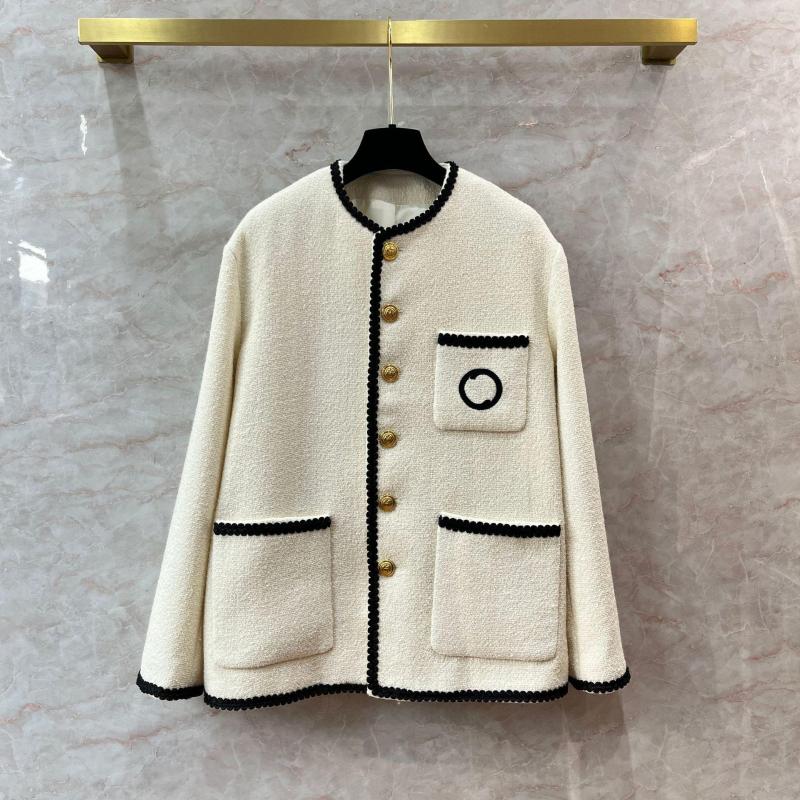 

Women' Jackets Black Ribbon Tweed Round Neck Coat Women' Fashionable Woolen Thin Loose, Ivory