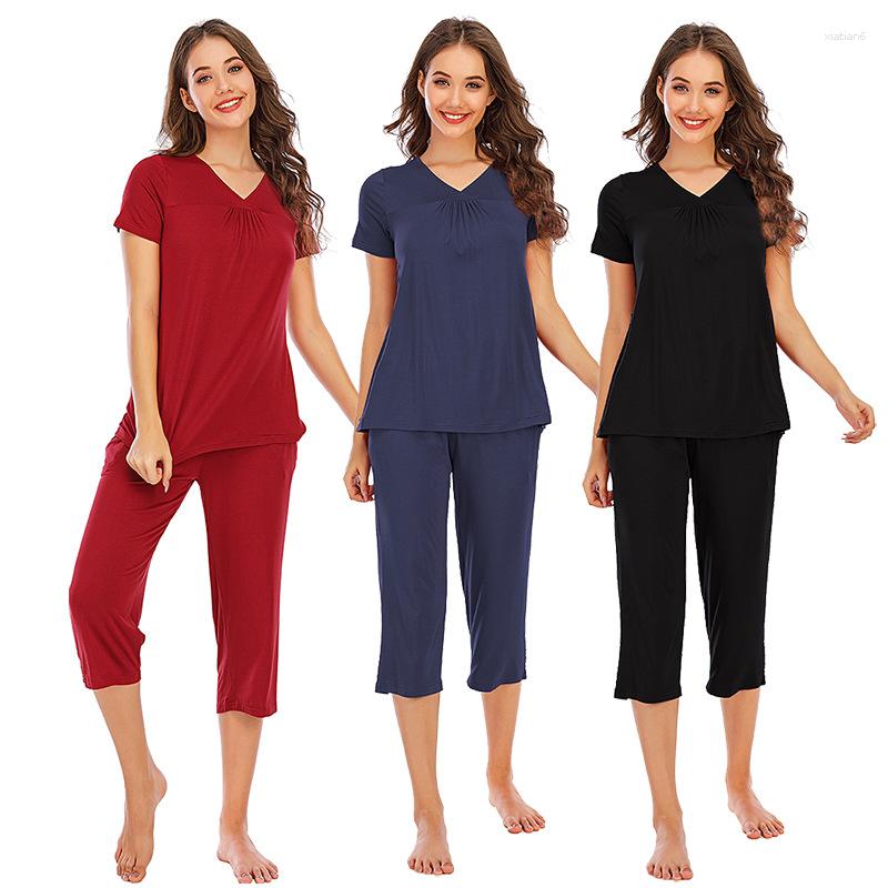 

Women' Sleepwear Women Nightwear High Quality Calf-Length Pants Short Tops Pajamas Sets Modal Plus Size Pyjamas Set, Black pajamas