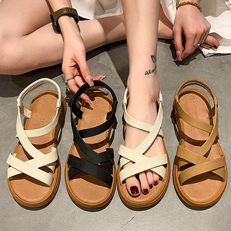 

Sandals Summer Women Fashion Roman Retro Cross Strap Soft Sole Elastic Thick Comfortable Beach Flat Casual Footwear, Yellow
