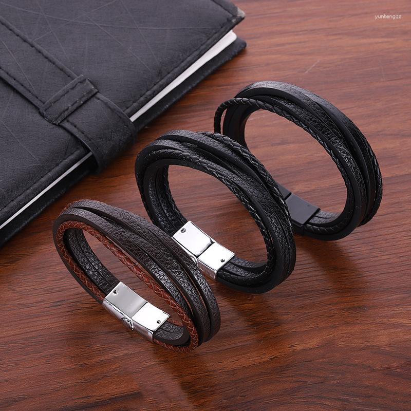 

Charm Bracelets Trendy Brown Leather Men Stainless Steel Multilayer Braided Rope For Male Jewelry Pulsera Hombre