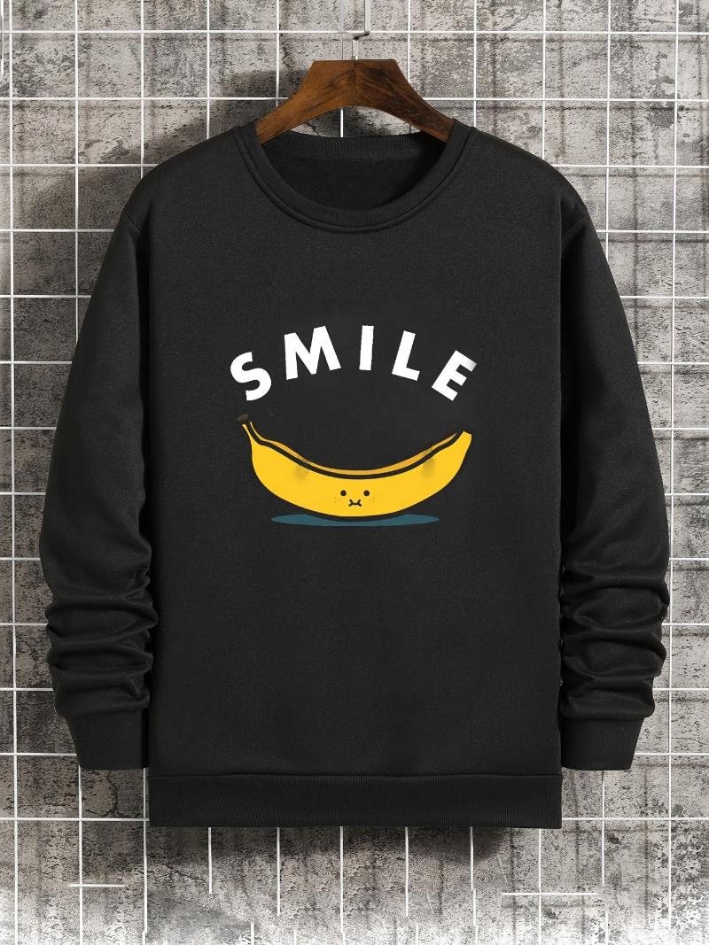 

Men's T Shirts Round Neck Long Sleeve Sweatshirt With Cartoon Banana Print, Black