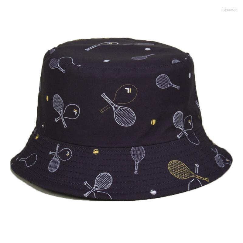 

Berets 2023 Spring Reversible Tennis Racket Print Men Women Cotton Hip Hop Summer Panama Sun Fisherman Bob Hats Foldable