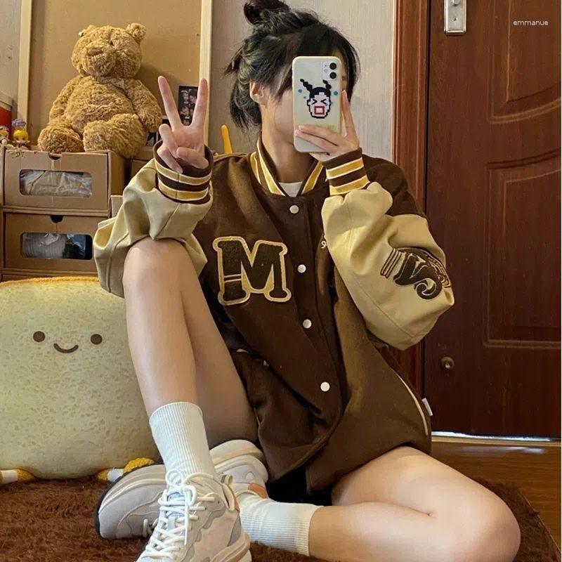 

Women' Jackets HOUZHOU Vintage Varsity Jacket Women Oversize Baseball Korean Fashion Streetwear Bomber Coats College Couple Aesthetic, Brown