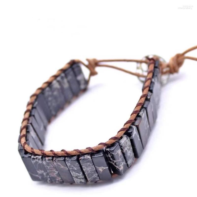 

Strand Natural Stone Black Emperial Bracelet Handmade Tube Beads Jewelry Leather Wrap Creative Gifts Couples Bracelets