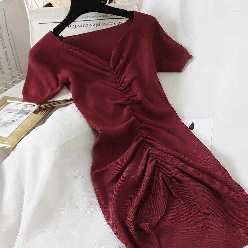 

Casual Dresses Simple Spring And Summer Women's Sexy Fashion V-Neck Pleated Slim Short Sleeve Knitting Hip Dress Temperament Lady, Black
