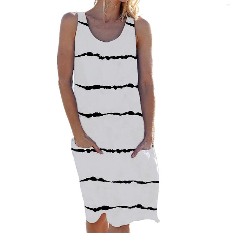 

Casual Dresses Summer Women's Round Neck Printed Striped Pocket Vest Dress Womens Loose, Grey