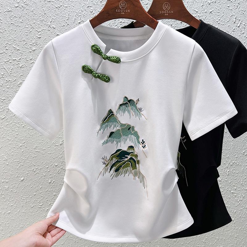 

Women's T Shirts Embroidered Short-sleeved T-shirt Female Summer Trend Clothing Thin Disk Buckle Retro Cotton Tops Gothic Oversized Shirt, Black