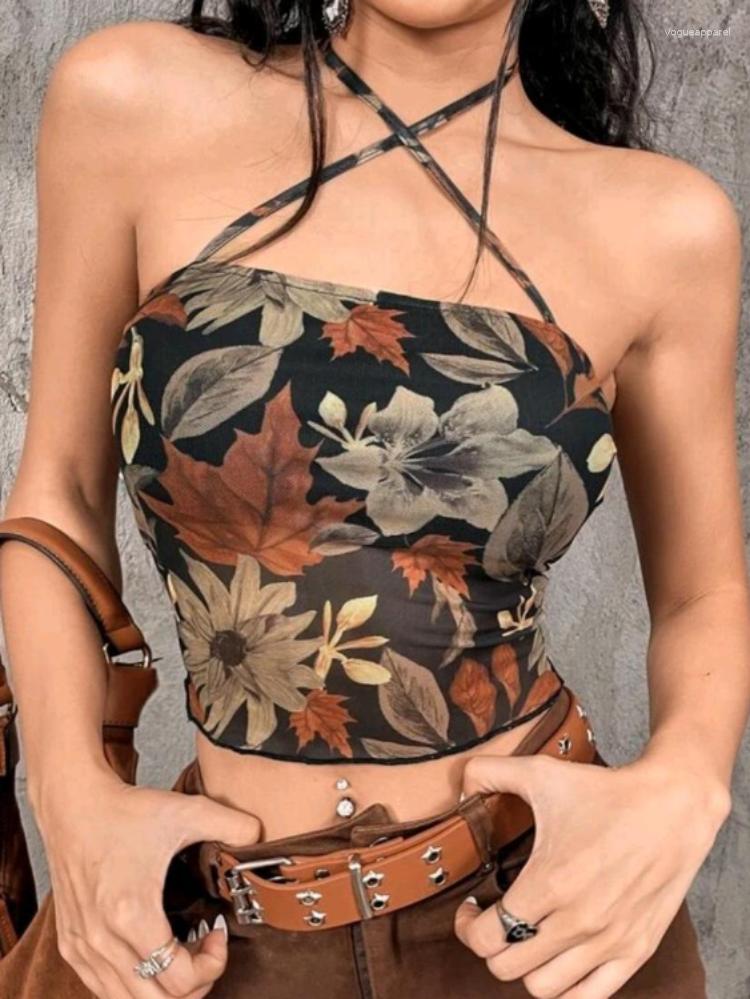 

Women' Tanks Summer Sexy Sweet Streetwear Tank Tops Women Y2k Aesthetic Floral Print Halter Tube Off Shoulder Sleeveless Fashion Cropped, Black