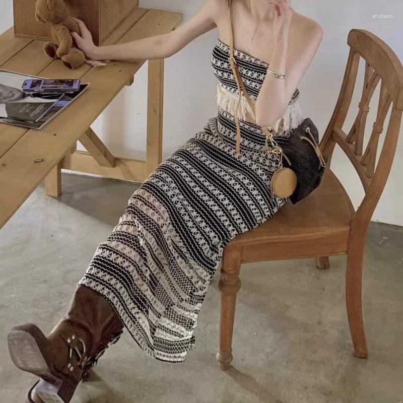 

Work Dresses Sexy Knitted Bandeau Vest Top Women' Summer Suit High Waist Midi Skirt Two-piece Set With Hip, Black