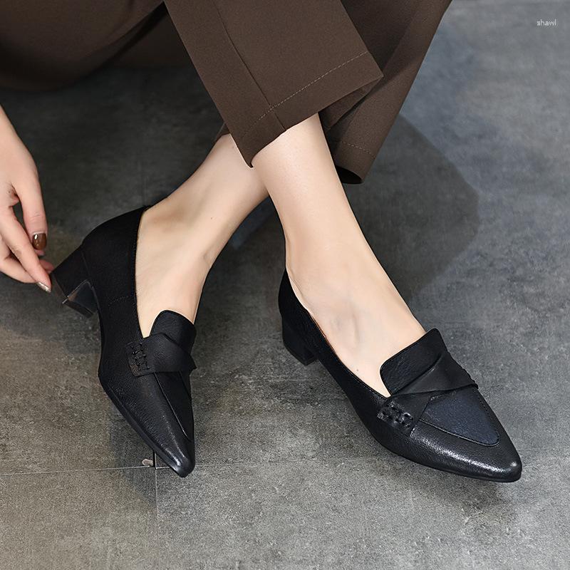 

Sandals Genuine Leather Handmade Women's Shoes Spring Pointed Thick Heels French Vintage Single Sheepskin Lefu, Black