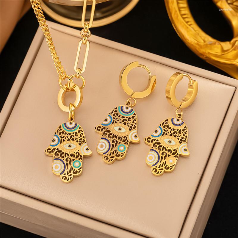 

Necklace Earrings Set 316L Stainless Steel Personalized Eye Palm Pendant Cuban Chain Hollow Out Bracelet Eardrop, Picture shown