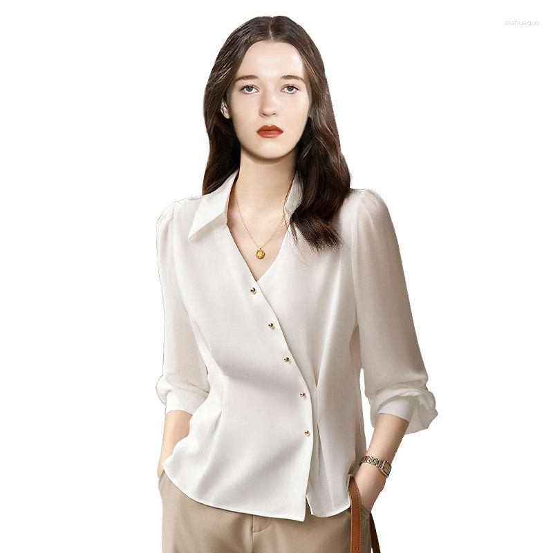 

Women' Blouses French Style Elegant White Pleated Blouse Spring And Summer Long Sleeve Slanted Breasted Tunic Top Glegant Fashion Shirt