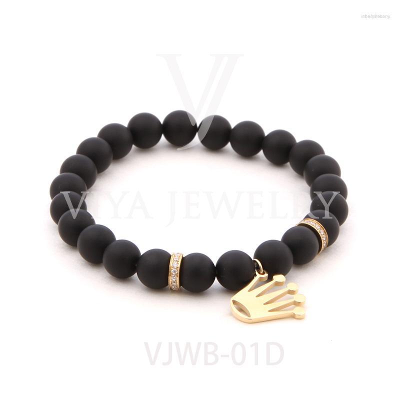 

Strand Natural GES Stone Beads Bracelet With Charms Crown Matte Black Onyx/Lava Rock Bracelets Gift For Men Watch
