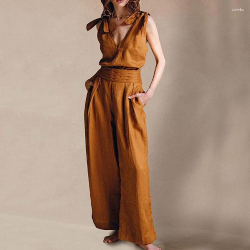 

Women' Two Piece Pants Sexy V-neck Lace-up Tops And Wide Leg Pant Outfits Women Elegant Cotton Linen Loose Suit Summer Casual Sleevelss, 01 black