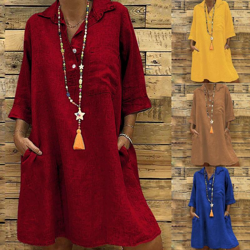 

Casual Dresses Women' Solid Turn Collar Button Dress 3/4 Sleeve Pocket Mini, Blue