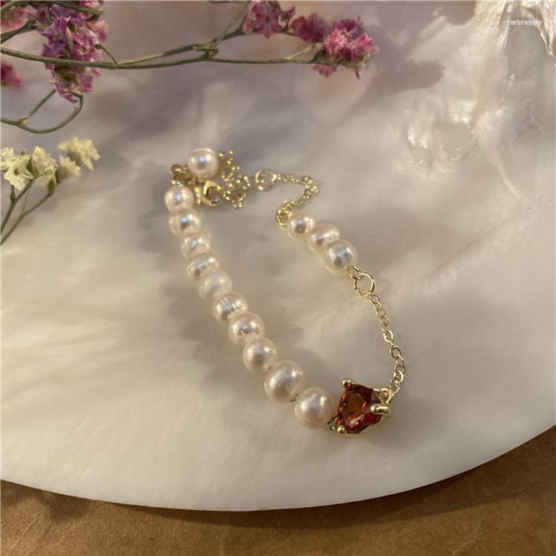 

Strand Korean Retro Red Heart Shape Crystal Natural Freshwater Pearls Gold Plated Women Fashion Jewelry YBR578