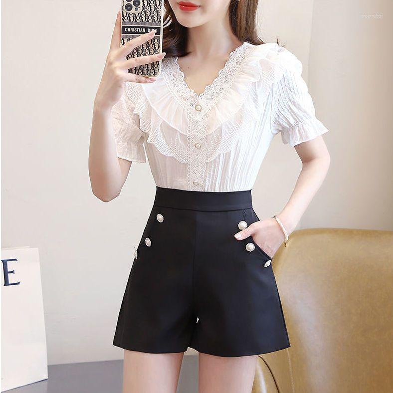 

Women' Tracksuits 2023 Summer High Street Casual Suit V-neck Ruffles Lace Tops Wide Legs Shorts Fashion French Style Two Piece Suits Q201, White-black 2pcs