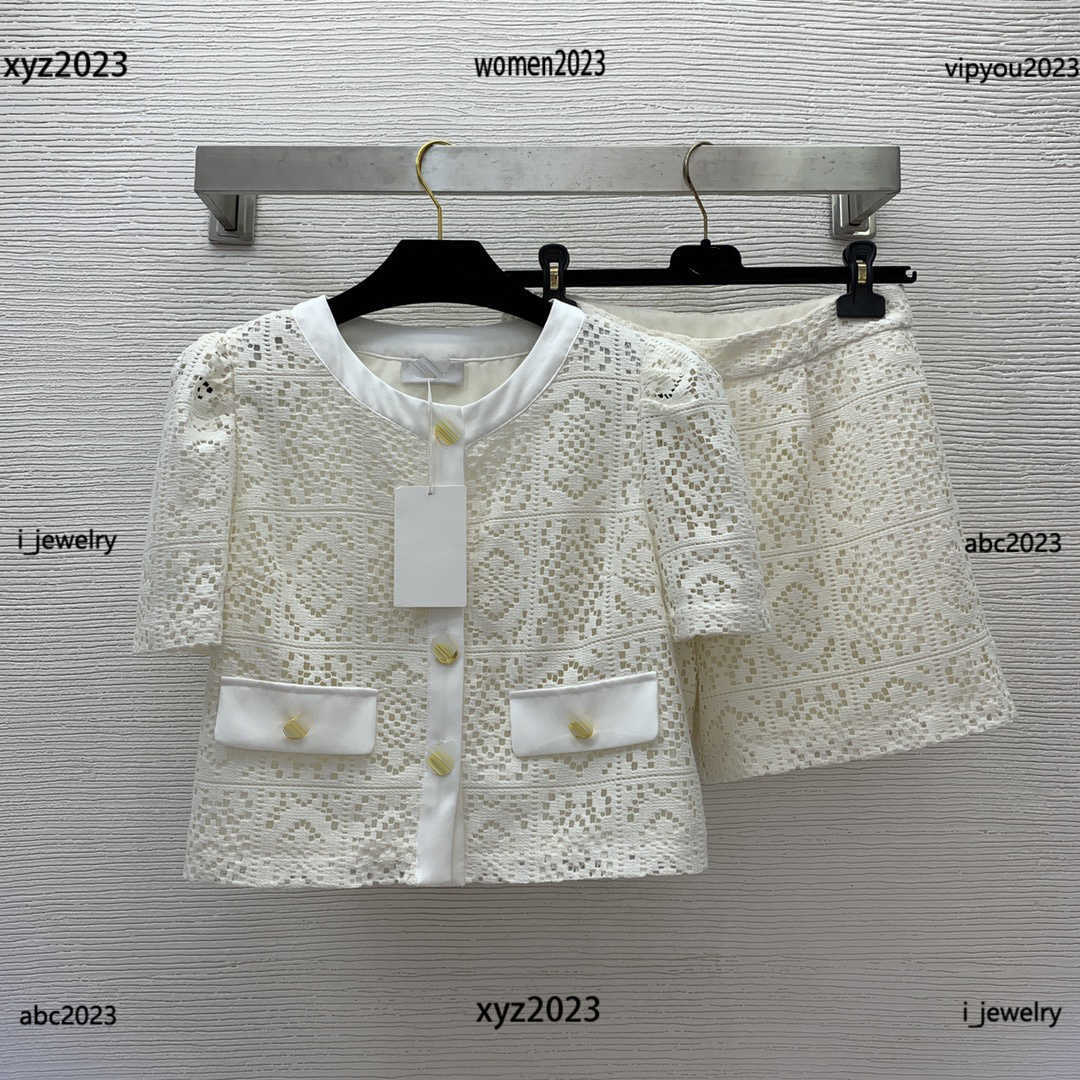 

designer clothes women tracksuits Girl casual suit Size -XL 2pcs Hollow out water-soluble floral short sleeved top and shorts June24, #1