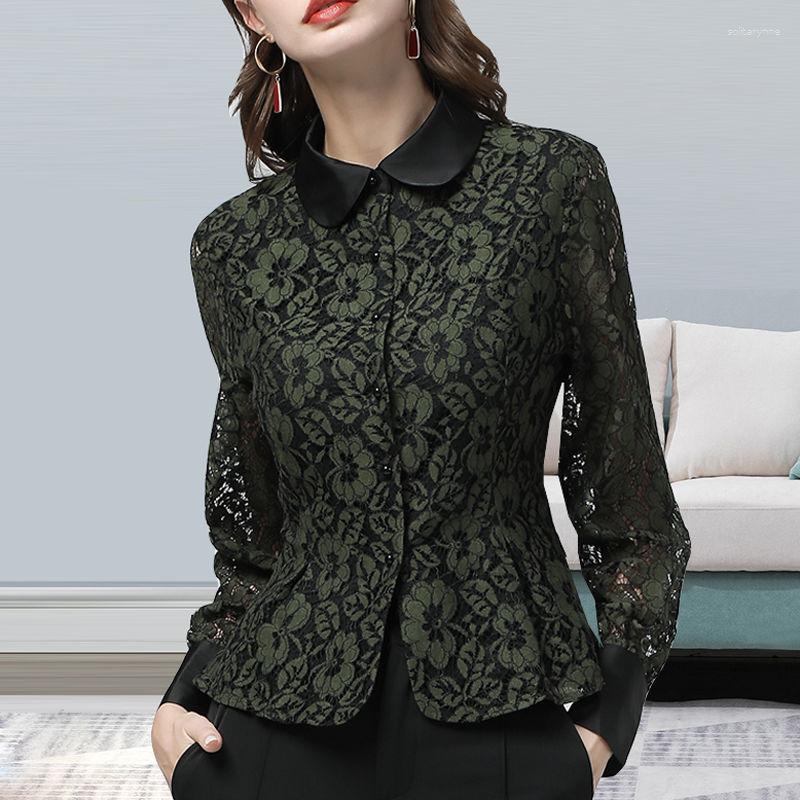 

Women's Blouses Casual Blouse Summer Lace Long Sleeved Top Women Westernized Turn Down Collar Shirt Female Tops, Black