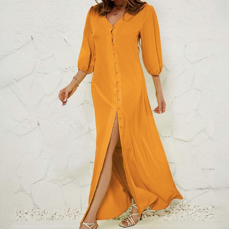 

Casual Dresses Women' V Neck Five-Quarter Sleeve Buttoned Maxi Dress, Orange