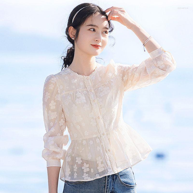 

Women' Blouses 2023 Spring/summer Shirt Women' Loose Design Sense Fashion Versatile Waist Wrapped 7/4 Sleeve Top, White