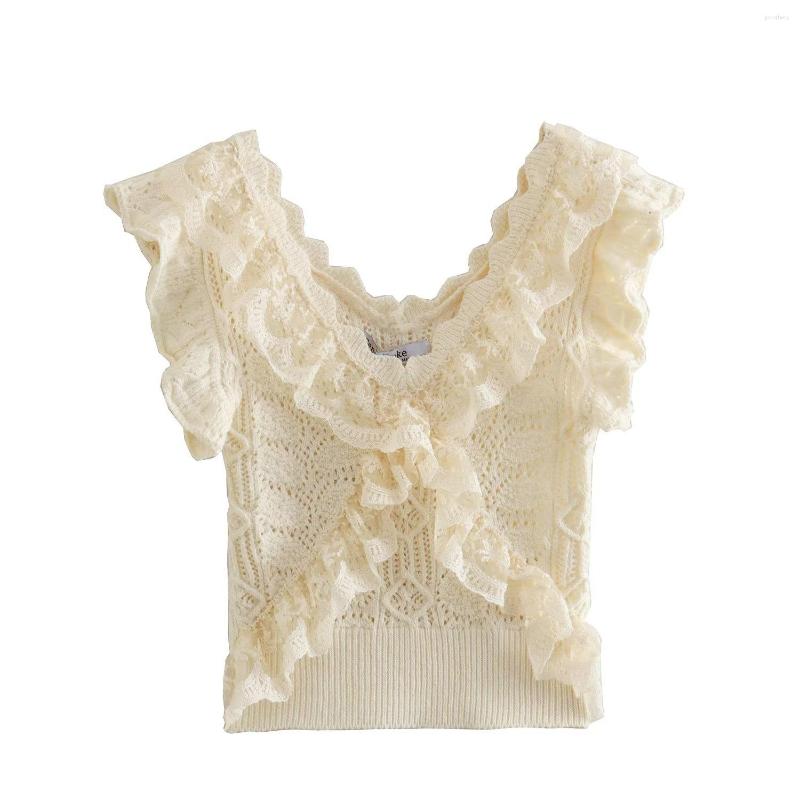 

Women' Tanks 2023 European And American Summer Fashion Sexy Ruffle Short Knitted Top T-shirt Women, Apricot