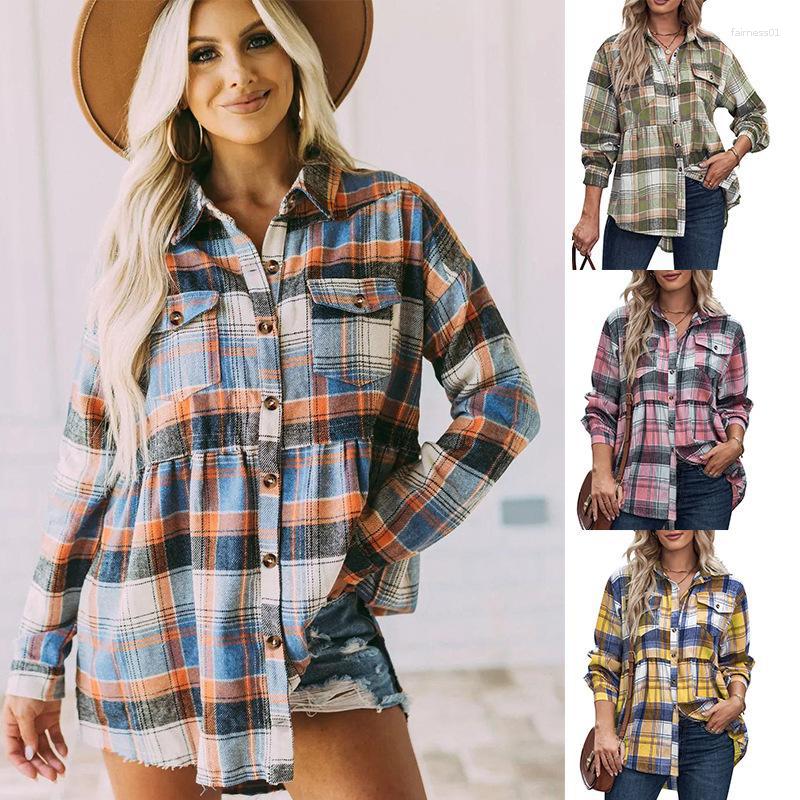 

Women' Blouses For Women 2023 Autumn Plaid Print Long Fashion Turn Down Collar Losse Casual Tops Lady Oversize Office Pocket Shirt, Beige