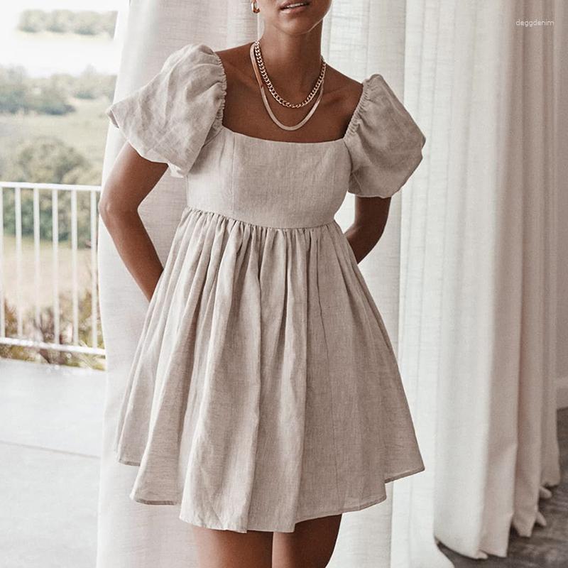 

Party Dresses Cotton And Linen Puff Sleeve A Line Dress High Waist Square Collar Summer Comfort Casual Mini 2023 Fashion, Khaki