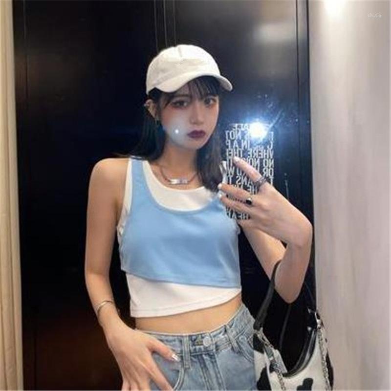 

Women's Tanks Women Fake Two Pieces Summer Teenagers Ulzzang Patchwork All-match Running Simple Casual Feminino 2023 Design, Blue