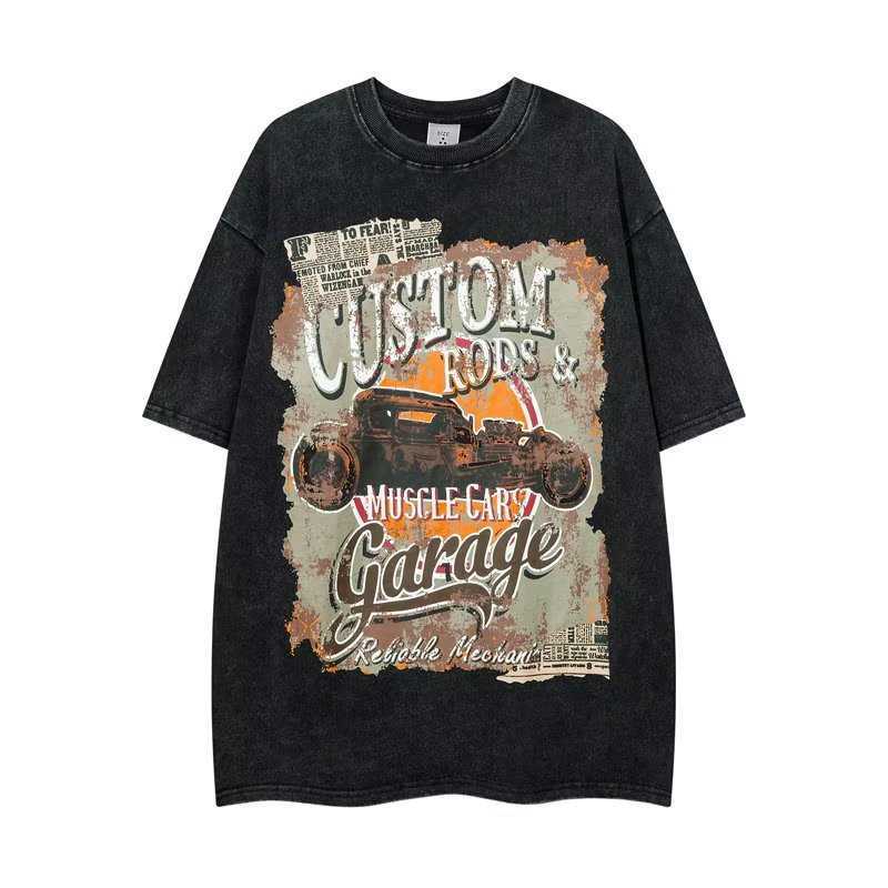 

American Cotton Vintage Short Sleeve T-shirt for Men's Ins Street Hi Ha Washed Old Size Couple Top, Brown