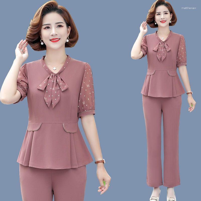 

Women's Two Piece Pants Woman Fashion Short-sleeved Chiffon Shirt Blouse And Loose Wide Leg Two-piece Female Elegant Office Outfits G138, Zangqingse