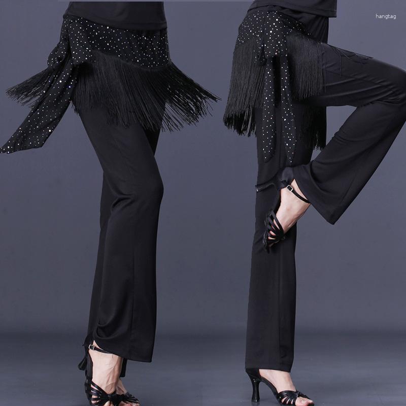 

Stage Wear Adult Latin Dance Pants Sexy Fringe Long Ballroom Samba Salsa Tassels Trousers Performance Clothes M/5XL, Black pants