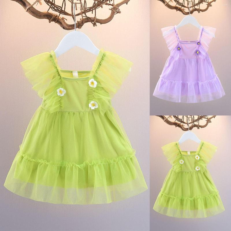 

Girl Dresses Summer Cute Flower Small Flying Sleeve Girls Fashion Mesh Princess Dress, Green
