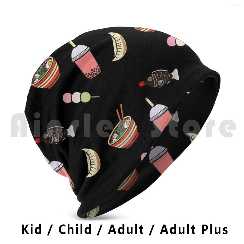 

Berets Japanese Food & Drink Beanie Hedging Cap DIY Print Cushion Boba Bubble Tea Ramen Noodles Bowl Sushi Fish Soy Gyoza, Adult plus knit hat