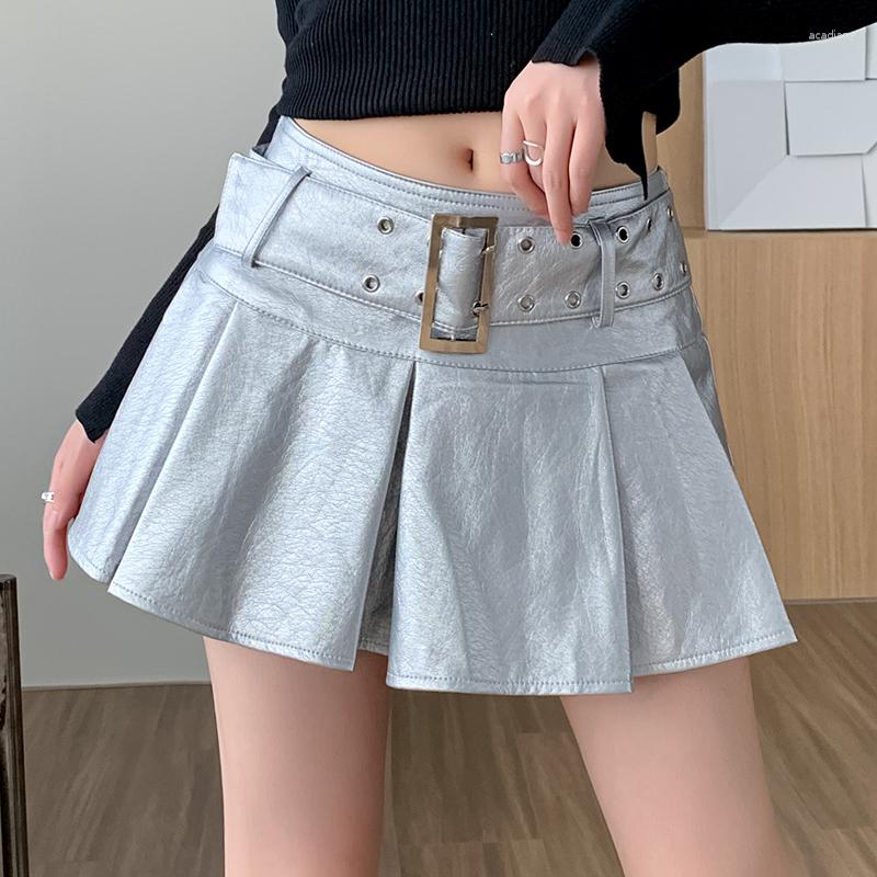 

Skirts 2023 Spring Women' Korean Version High Waist PU Leather Short Skirt Pleated Tutu For Women Silver&black, Silver skirt