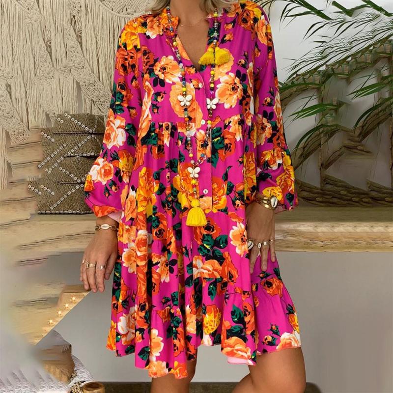 

Casual Dresses Boho Dress Elegant Sexy Vestidos Women Loose Floral Print Long Sleeve V-Neck Button Party Streetwear Robe 2023, C-multicolor