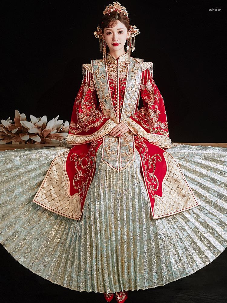 

Ethnic Clothing Traditional Ming System Sequins Beaded Embroidery Marriage Set Bride Bridegroom Toast Vintage Wedding Dress Cheongsam