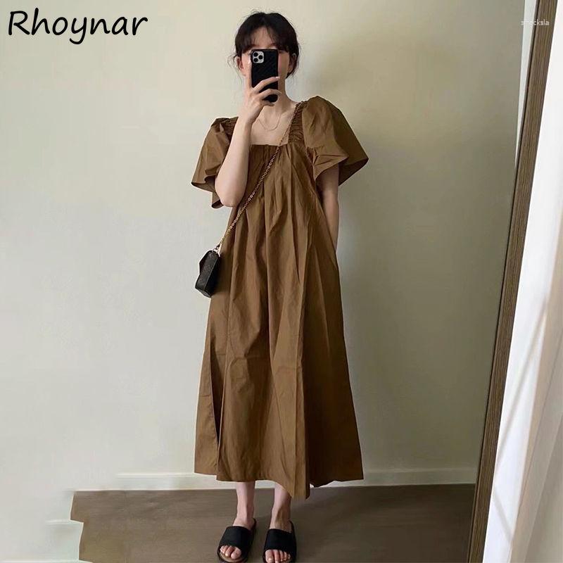 

Casual Dresses Basic & Dress Women French Style Square Collar Summer Solid Loose Fashion Folds Design Short Sleeve Soft Preppy Retro Chic, Black