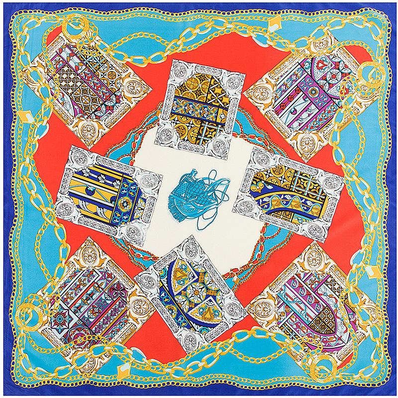 

Scarves 100CM Silk Scarf Women Chain Painting Foulard Neckerchief Square Female Bandana Office Lady Headband Shawl