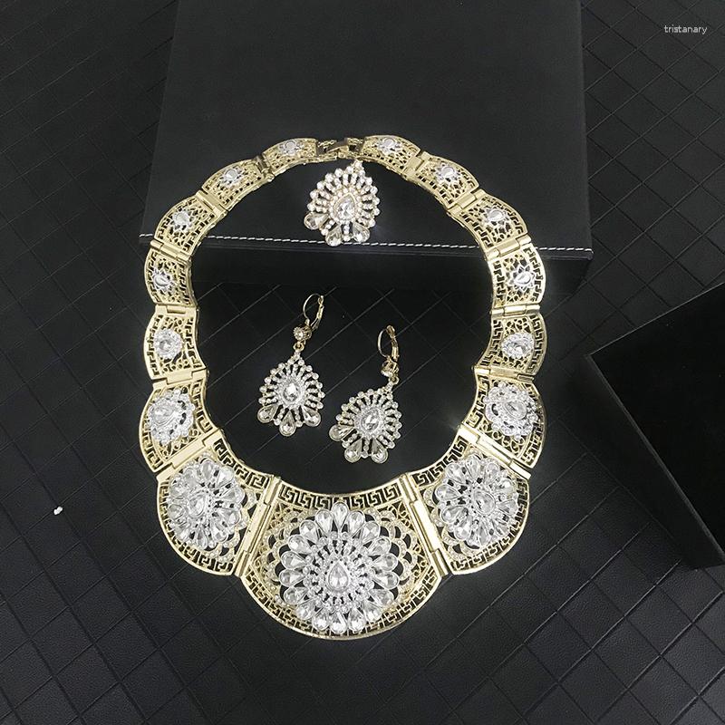 

Necklace Earrings Set Vintage Wedding Jewelry Silver Color Crystal For Women Arab Muslim Dress L Five-piece Of Sets, Picture shown