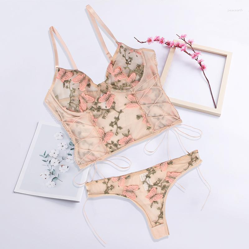 

Bras Sets Butterfly Sling Lingerie Embroidery Underwire Bra Panties Women See Through Underwear Set Plus Size Sexy Ropa Mujer RS81023, Red underwear set
