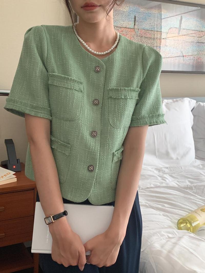 

Women's Blouses Korean Style Chic O Neck Short Sleeve Shirt For Women Summer Elegant French Single Breasted Outwear Top, Green
