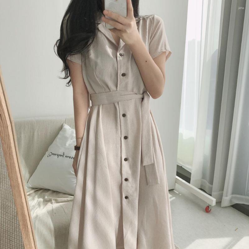 

Casual Dresses French Vintage Short-sleeved Dress Women's Summer 2023 Suit Collar Single Breasted Waist Drawstring A-line Maxi Skirt, Green