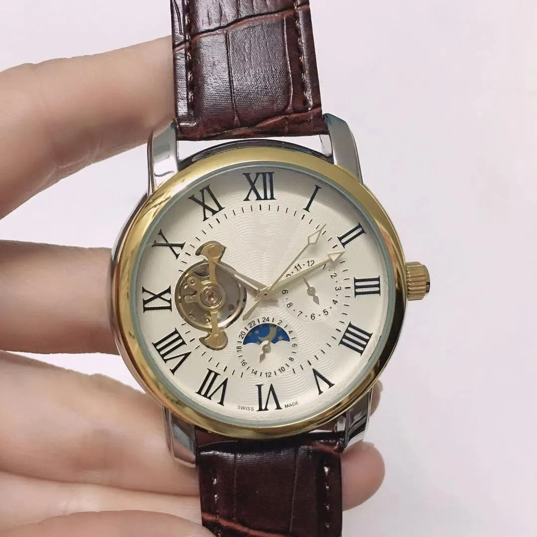 

brand designer mens Fashion mechanical automatic luxury Tourbillon watch Leather strap Diamond daydate Moon Phase movement wristwatches men Father's Day HEUER