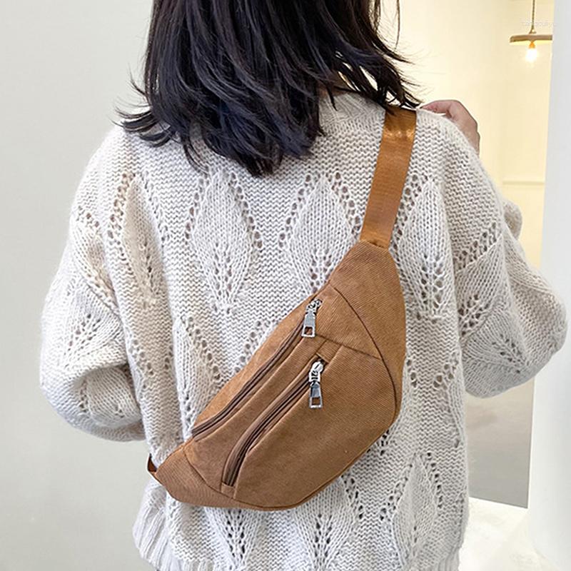 

Waist Bags Vintage Corduroy Bag For Women Zipper Chest Female Banana Money Pouch Shoulder Purse Pocket Crossbody, White