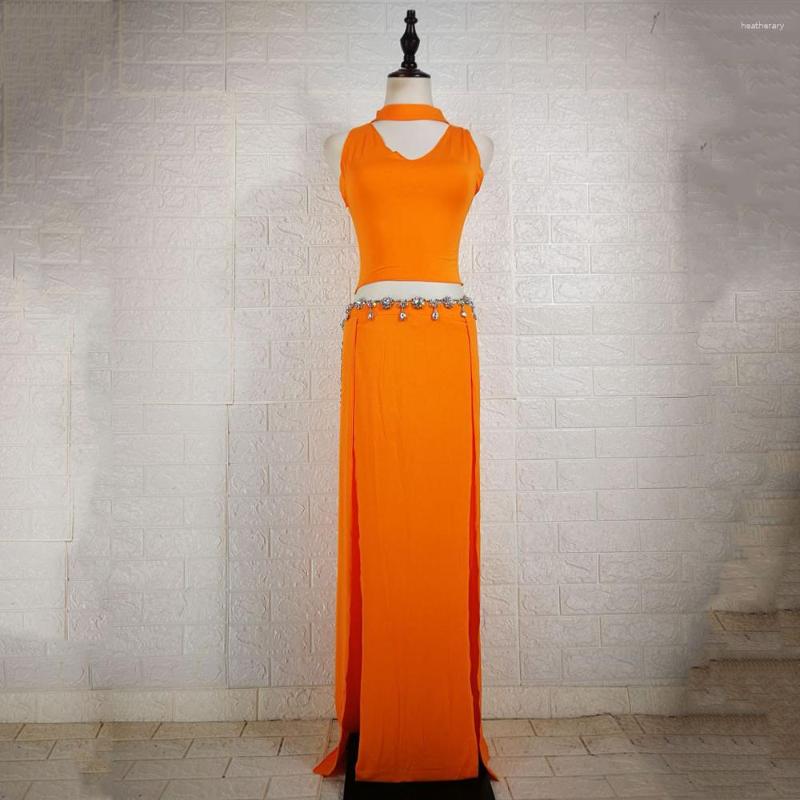

Stage Wear Belly Dance Practice Clothes Sleeveless Top Hip Scarf Set Summer Beginner Oriental Elegant Costume, Orange